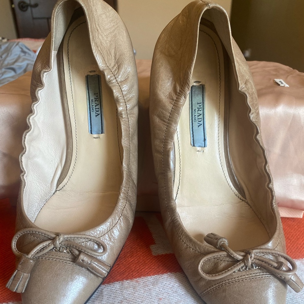 Prada Tan Leather Flats with Bow